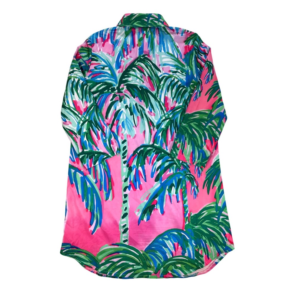 Tropical Palm Print Button Down Shirt Dress Cover up Pink Green Blue Size M - Picture 2 of 6